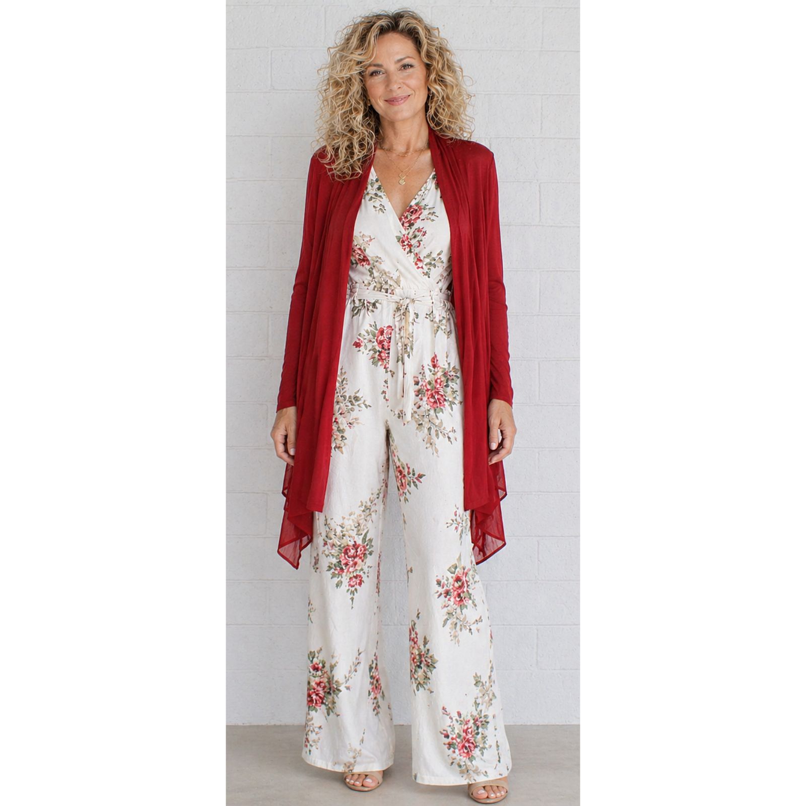 Logo Lori Goldstein L P Cool Red Asymmetrical Knit Chiffon Hem Open Tunic Jacket